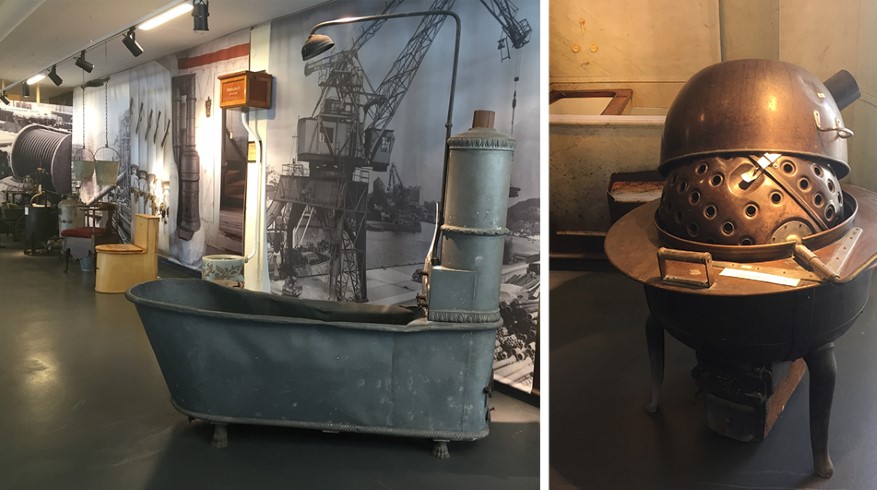 Gammalt badkar och tvättmaskin från Sveriges VVS-museum