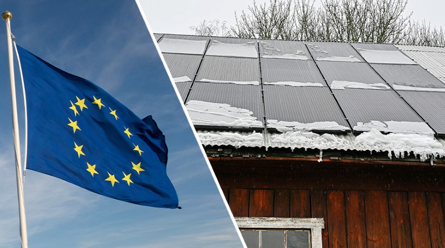 EU-flagga, ladugård med solcellsanläggning